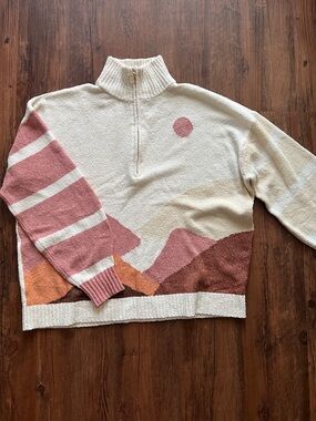 LOFT Cream Pullover Sweater with Pink, Rust & Tan Mountain Design